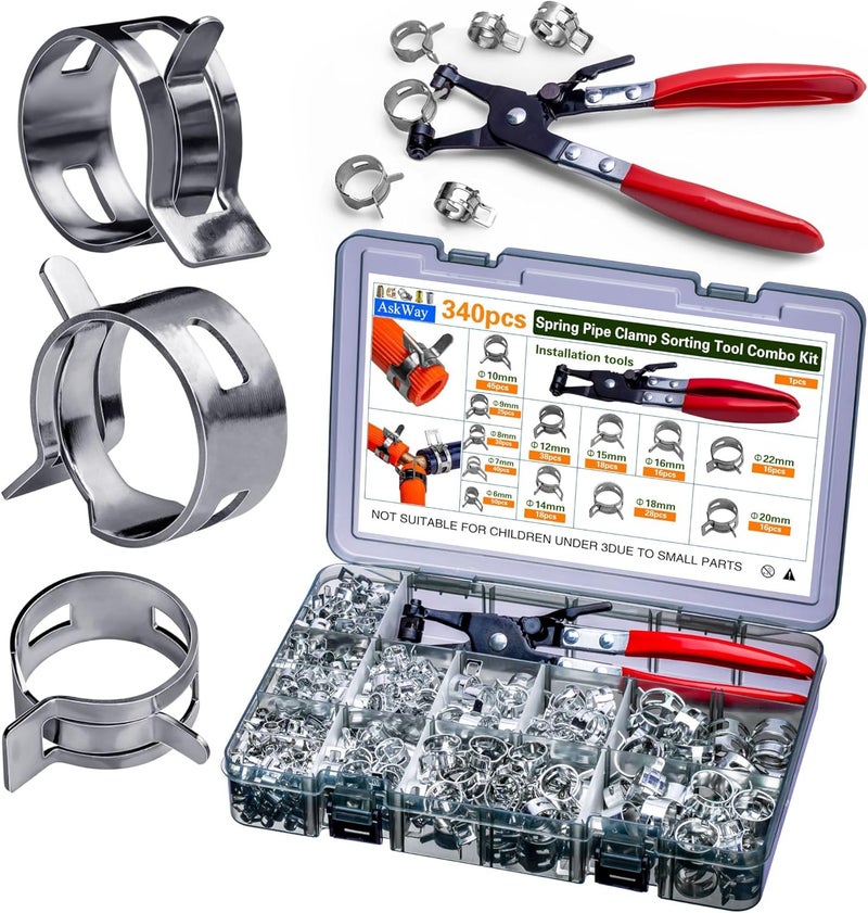 AskWay Spring Pipe Clamps340PCS, With Spring Pipe Clamp Tools, 12 Sizes 6-22mm Spring Hose Clamps, Used To Fix Hose Interfaces In Automotive, Marine, Gardening, Industrial Applications - Image 1
